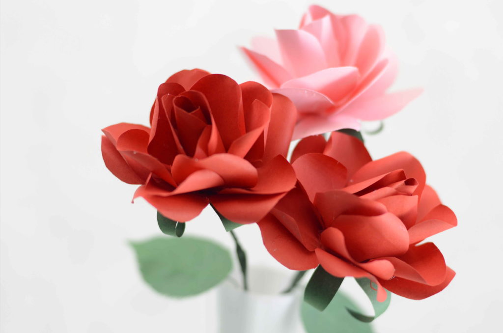 Paper roses with flexible metallic stem covered by coloured paper